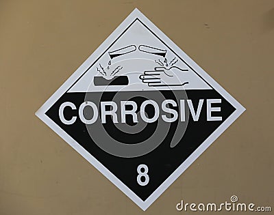 Corrosive, destroys living tissue on contact, hazard symbol or warning sign on a painted Stock Photo