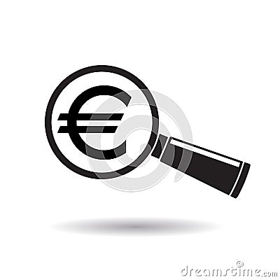 Sign euro with magnifying glass. Search or check financial stability. Vector Illustration