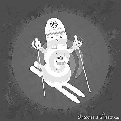 Icon snowman on skis on gray vintage background . Vector Illustration