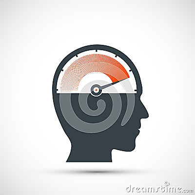 Icon speedometer with arrow and scale in human head. Logo of nervous stress and fatigue. Vector Illustration