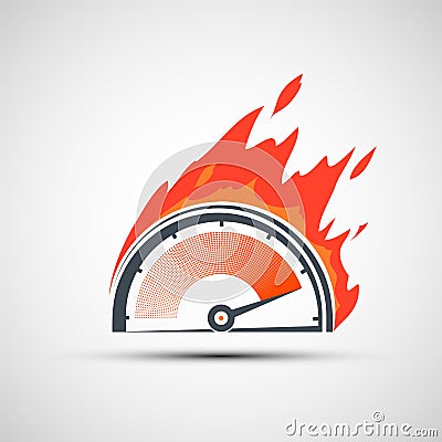 Icon speedometer on fire. Rating scale with arrow Vector Illustration