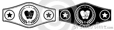 Icon, sport belt of boxing champion, kickboxing tournament winner with gloves and laurel wreath emblem in center. Vector Vector Illustration