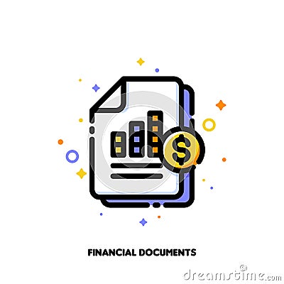 Icon of stacked paper documents pile with business report bar graph for stock market or financial statement analysis concept Vector Illustration