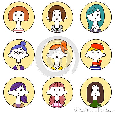 Icon of surprised facial expressions of nine young women surrounded by a circle 1 Vector Illustration