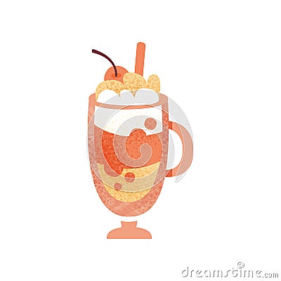 Sweet cocktail with whipped cream and red cherry on top. Delicious beverage in glass cup. Flat vector icon with texture Vector Illustration