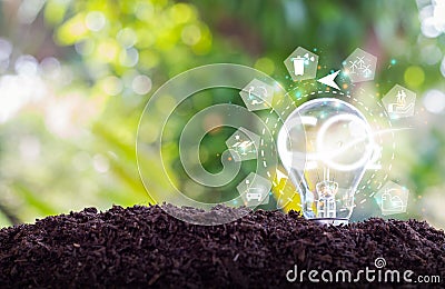 Icon symbol and CO2 lamp on natural land Sustainability, ecology and renewable energy Stock Photo