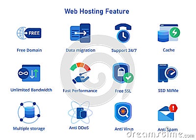 Icon symbol of free domain unlimited bandwidth web hosting service features fast NVMe storage secure anti DDoS anti spam Vector Illustration