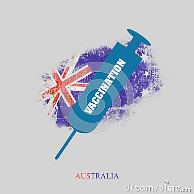 Icon syringe for vaccination against the background of a flag of Australia. Coronavirus COVID-19 vaccine. Isolated on a gray Stock Photo