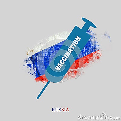 Icon syringe for vaccination, against the background of a flag of Russia. Coronavirus COVID-19 vaccine. Isolated on a gray Stock Photo