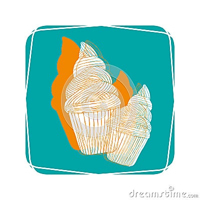 Icon of tasty cupcakes in blue frame. Vector Illustration