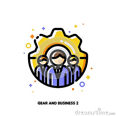 Icon of three business persons on a background of gear for technical support or development optimization team concept Vector Illustration