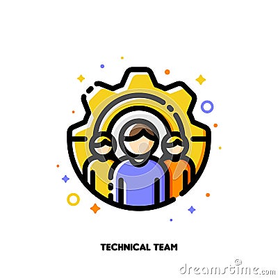 Icon of three persons on a background of gear as working process symbol for technical support or project development team Vector Illustration