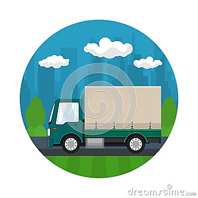 Small Covered Truck on the Road, Icon Vector Illustration