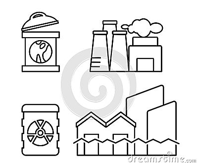 icon of trash can factory pollution nuclear and dangerous garbage flooding house building Vector Illustration