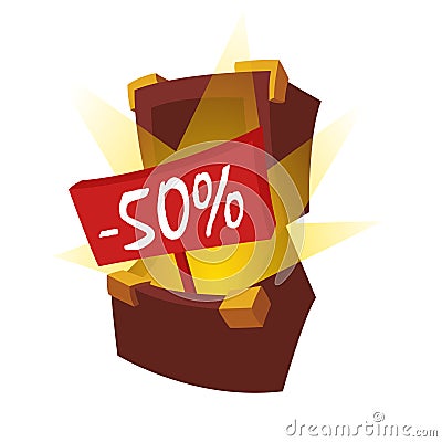 Open chest with a red discount sign inside stands on a white backgroun Stock Photo