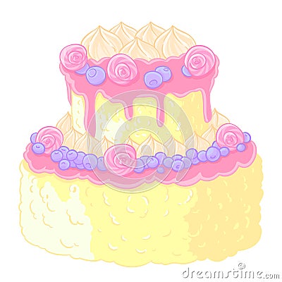 Icon two-level delicious wedding cake in cartoon style. Lemon-vanilla cream, candies and blueberries in the design. Vector Illustration