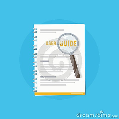 Icon user guide with magnifying glass. User manual. Vector illustration of instruction manual in flat style Vector Illustration