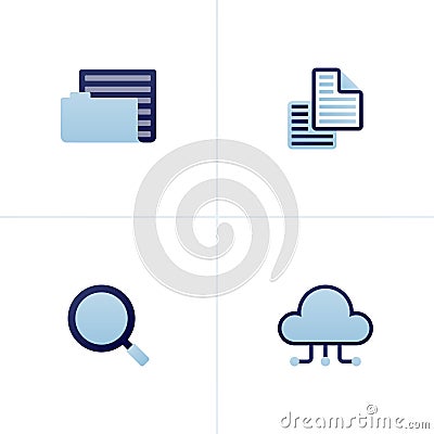 Icon vector of file and document storage folder, two stacked documents, magnifying glass, network cloud server. Can be used for Vector Illustration