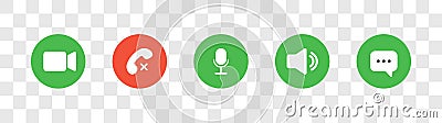 Icon Videocall. Set of video chat and user interface symbols. Phone, sound, microphone, camera, call buttons isolated on Vector Illustration