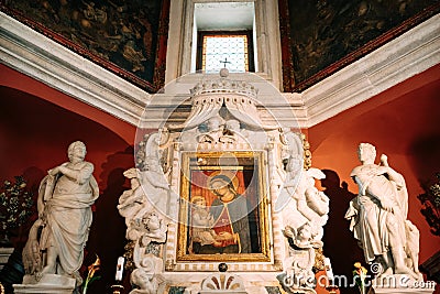 Icon of the Virgin and Child on the altar in the Church of Our Lady of the Rocks Editorial Stock Photo
