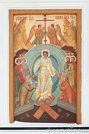 The icon on the wall of the old Znamensky monastery, the city of Stock Photo