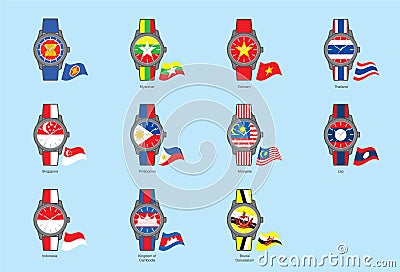 Icon Watch&Flag ASEAN (ASEAN Community) Vector Illustration