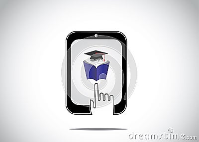 Icon of young student reading book with graduation cap in a tablet and a white hand silhouette touching Vector Illustration