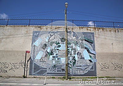 Iconic Antiquated Giant mural by artist Chris Soria at the India Street Mural Project in Brooklyn Editorial Stock Photo