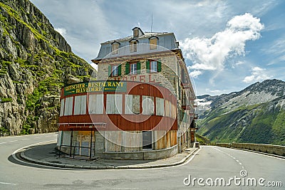 Iconic Belvedere hotel on Furkpass mountain road in Swiss Alps close to Obergoms, Switzerland Editorial Stock Photo