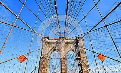 Iconic brooklyn bridge construction, arch and modern patterns against blue sky in Manhattan, Ney York Stock Photo