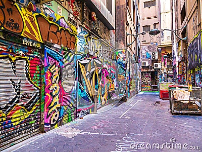 Centre Place Lane in Melbourne, Australia, side view, urban art, shops and cafes Editorial Stock Photo