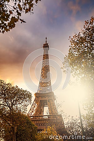 The iconic Eiffel Tower in Paris France, at sunset Stock Photo