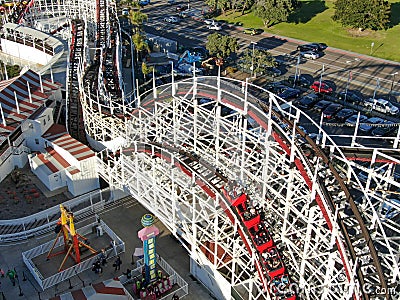 Aerial view Iconic Giant Dipper roller coaster in Belmont Park, San Diego, USA Editorial Stock Photo