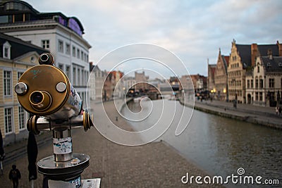 Iconic gothic architecture in Ghent, Belgium Downtown- Saint Nicholas' Church and Graslei buildings Stock Photo