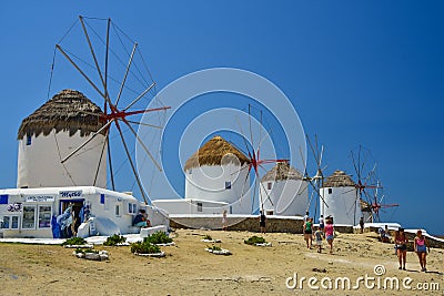 The iconic historic windmills in Mykonos, Greece Editorial Stock Photo
