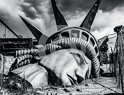 The iconic image of the statue of liberty destroyed - The end of the world - Apocalyptic vision of the future world - Disaster Stock Photo