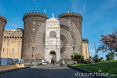 Iconic mediaeval fortress Castel Nuovo in downtown Naples, Italy Stock Photo