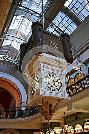 Decorative hanging Royal Clock in historic shopping arcade of Queen Victoria Building QVB in Sydney CBD, Australia Editorial Stock Photo