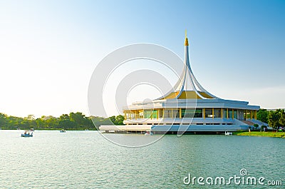 Iconic pavilion building in the lake at at Suan Luang Rama IX Park in Bangkok, Thailand. Editorial Stock Photo