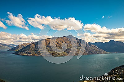 Iconic Queenstown cityscape at dusk, New Zealand. Stock Photo