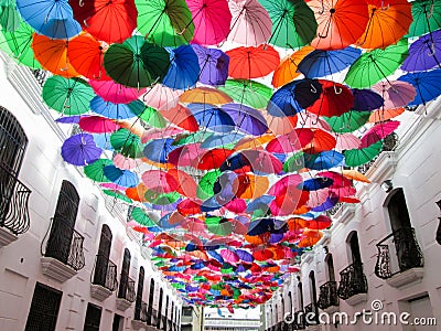 Iconic roof made with multicolored umbrellas from the Linares passage, located between Universidad Avenue and El Venezolano Square Editorial Stock Photo