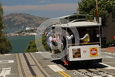 Iconic San Francisco tram view with Alcatraz Island Stock Photo