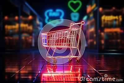 Iconic shopping cart in neon radiates, reflecting convenience in digital storefronts. Stock Photo