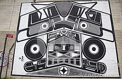 Iconic Super Duper Sound System mural by Joshua Abram Howard at the India Street Mural Project in Brooklyn Editorial Stock Photo