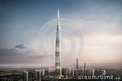 iconic tower, rising above the bustling metropolis of the future Stock Photo