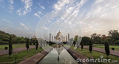 Iconic view of Taj Mahal one of the World Wonders at sunrise, Agra, India Stock Photo