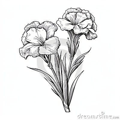Iconographic Symbolism: A Black And White Bouquet Of Dianthus Flowers Cartoon Illustration