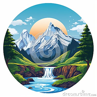 Iconographic Symbolism: Captivating Landscape Art With Waterfall And Mountains Cartoon Illustration