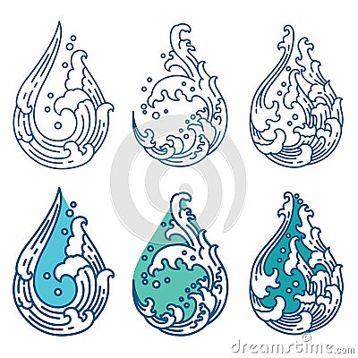 Oriental water wave in droplet shape icon. Japanese. Thai. Vector Illustration