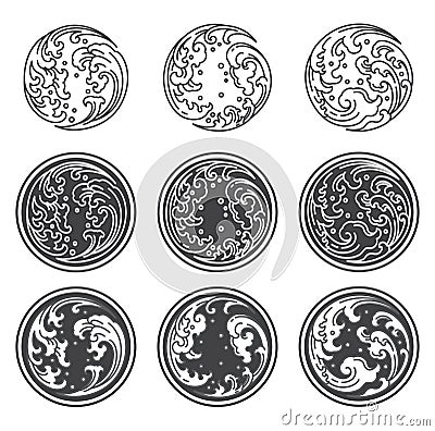 Oriental water wave.Yin Yan icon. Japanese. Thai. Round shape. Vector Illustration